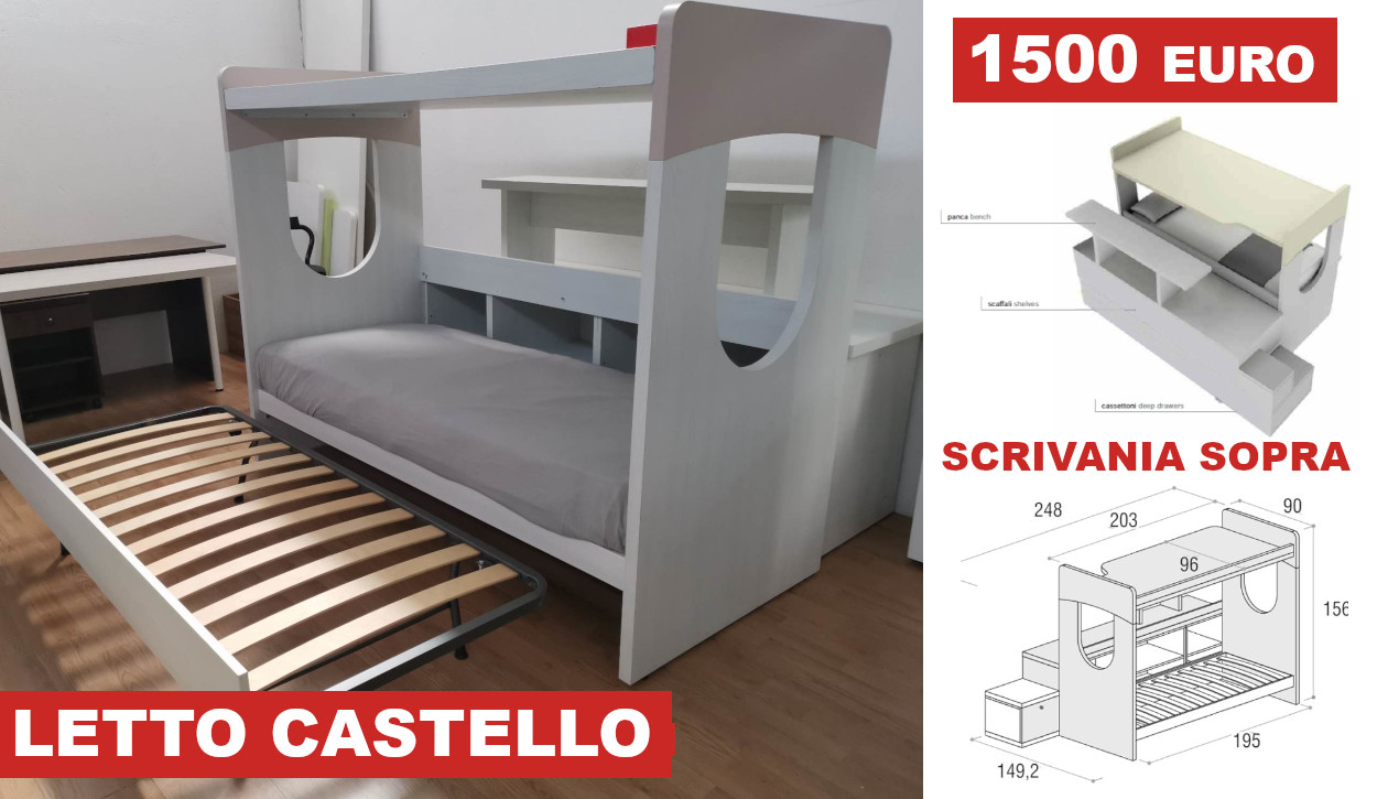 letto castello scrivania sopra